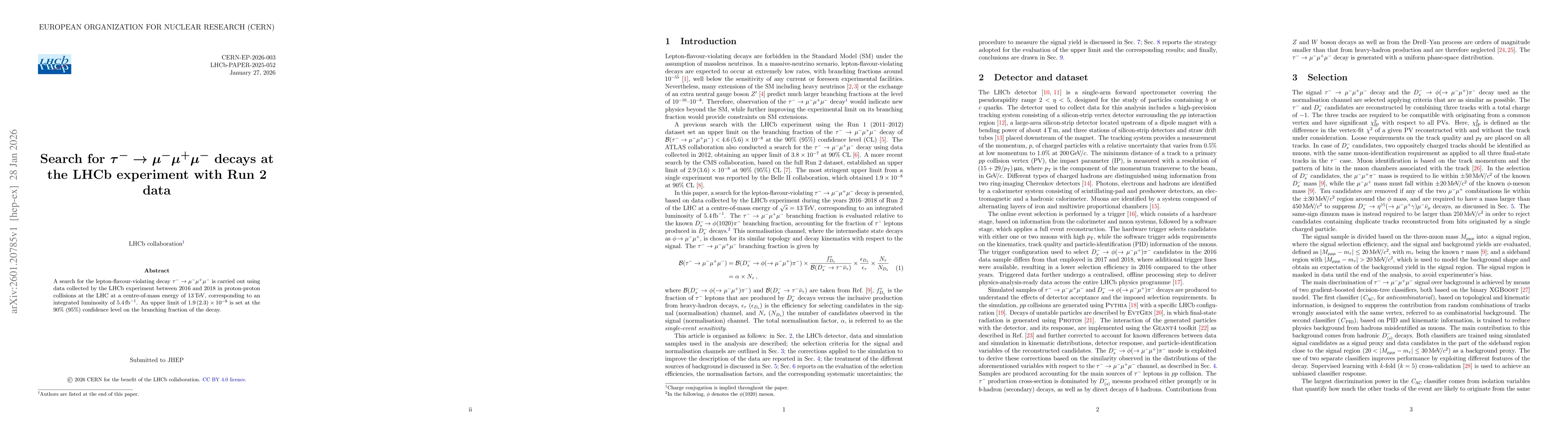 Thumbnail for Search for $τ^-\to μ^-μ^+μ^-$ decays at the LHCb experiment with Run 2 data