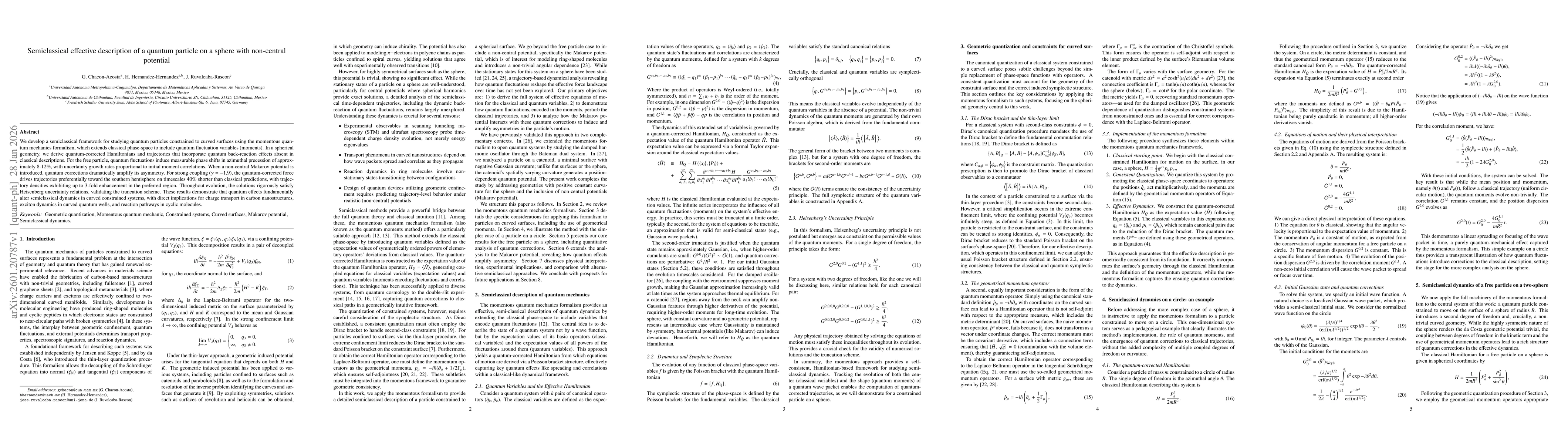 Thumbnail for Semiclassical effective description of a quantum particle on a sphere with non-central potential