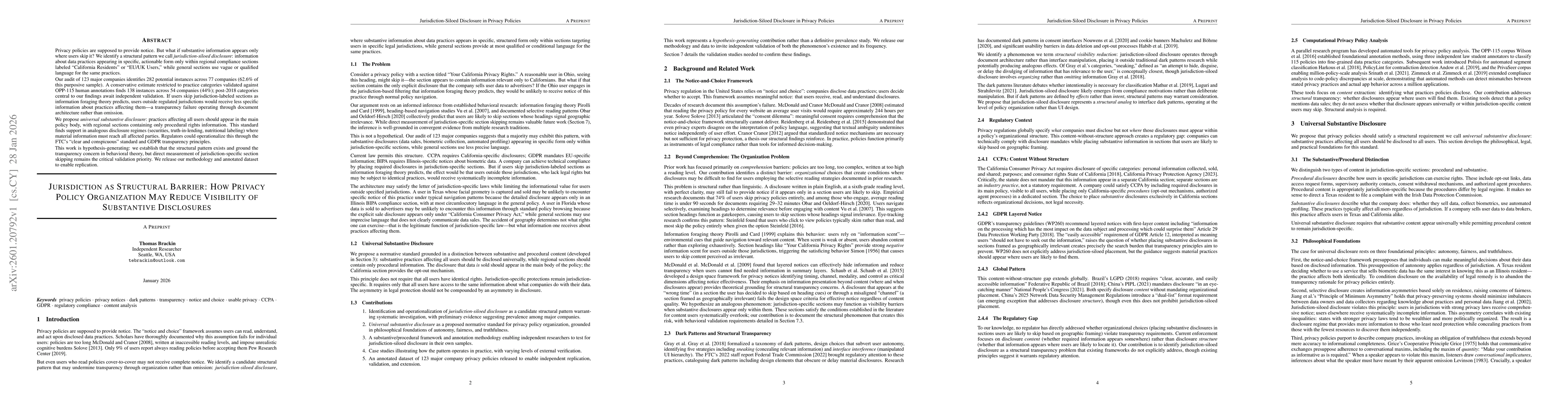 Thumbnail for Jurisdiction as Structural Barrier: How Privacy Policy Organization May Reduce Visibility of Substantive Disclosures