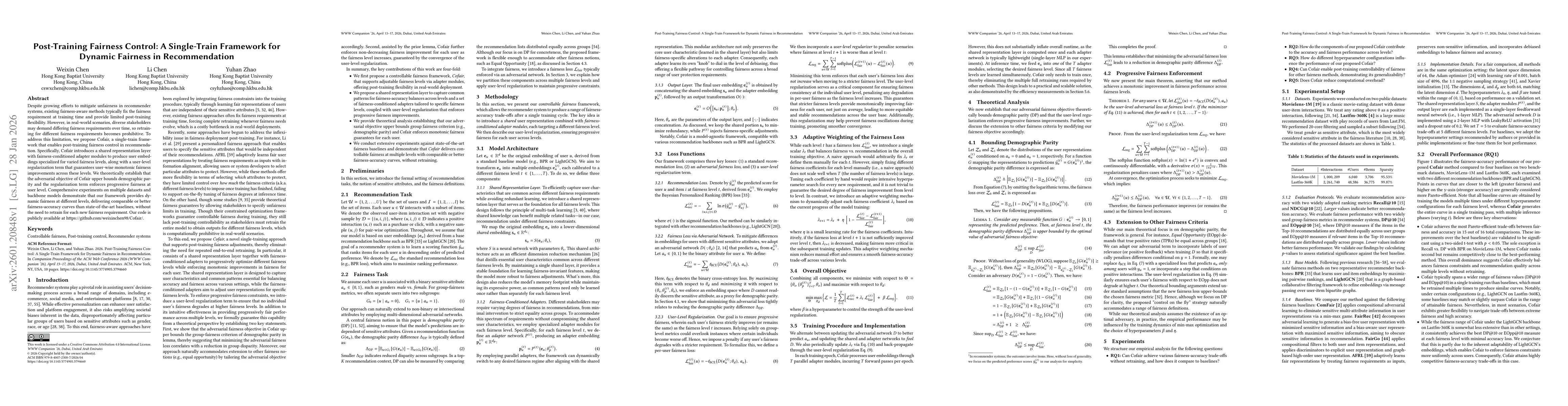 Thumbnail for Post-Training Fairness Control: A Single-Train Framework for Dynamic Fairness in Recommendation