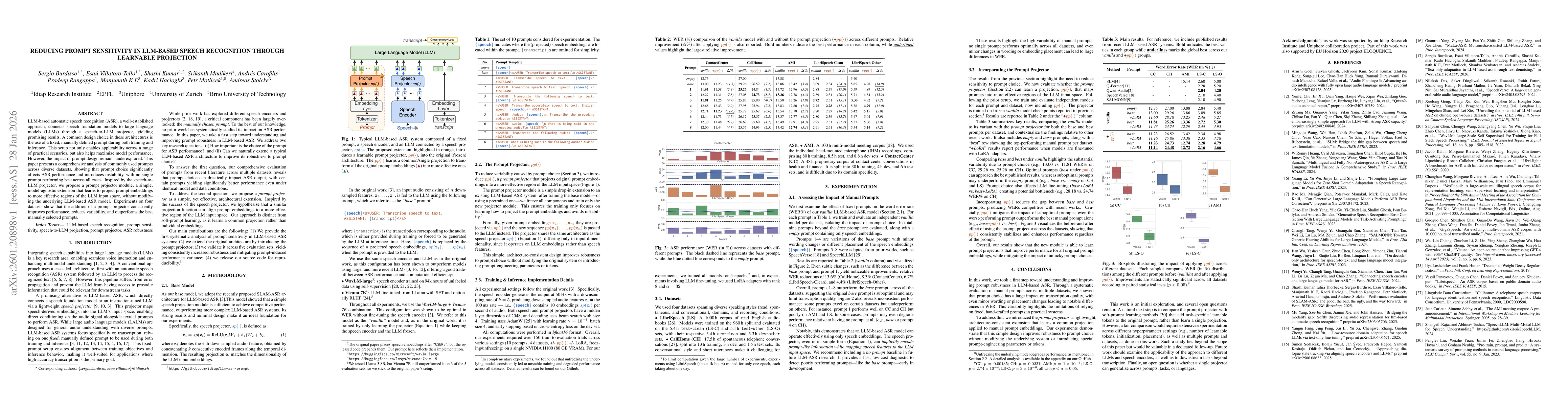 Thumbnail for Reducing Prompt Sensitivity in LLM-based Speech Recognition Through Learnable Projection