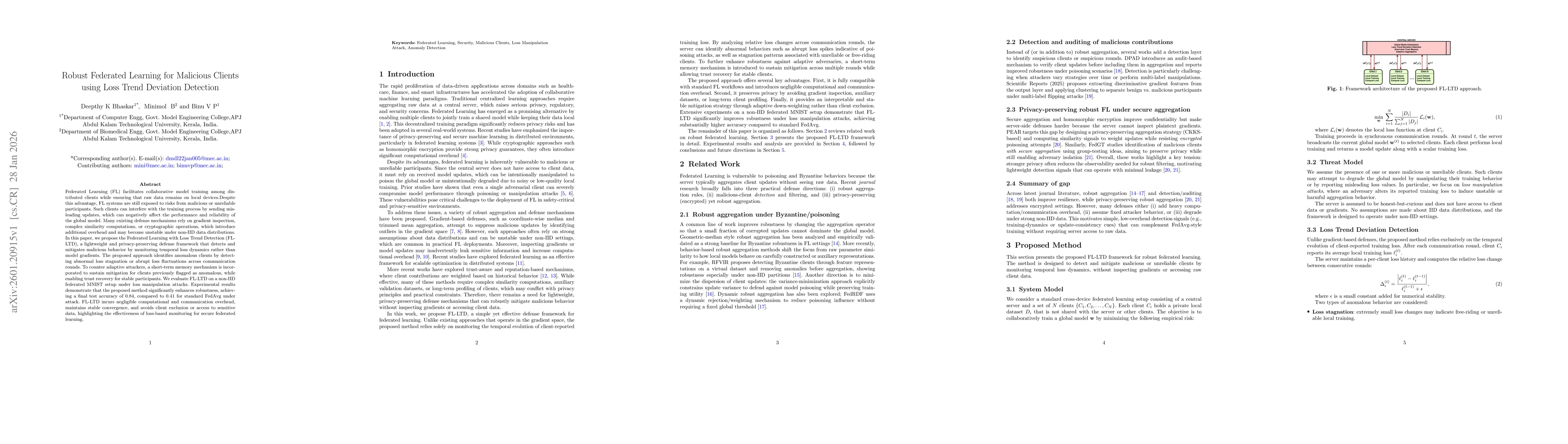 Thumbnail for Robust Federated Learning for Malicious Clients using Loss Trend Deviation Detection