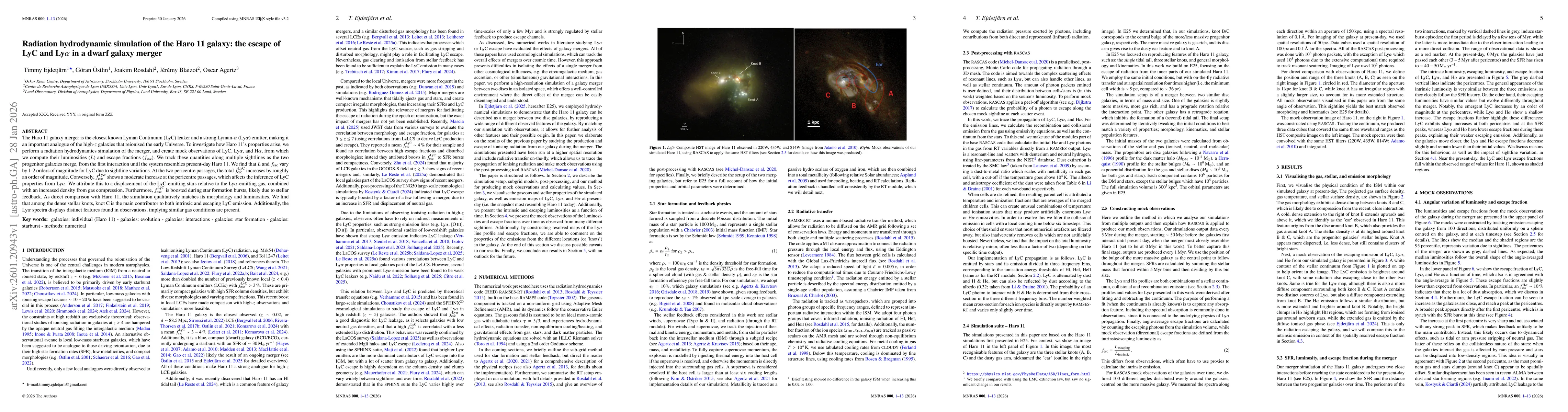 Thumbnail for Radiation hydrodynamic simulation of the Haro 11 galaxy: the escape of LyC and Ly$α$ in a dwarf galaxy merger