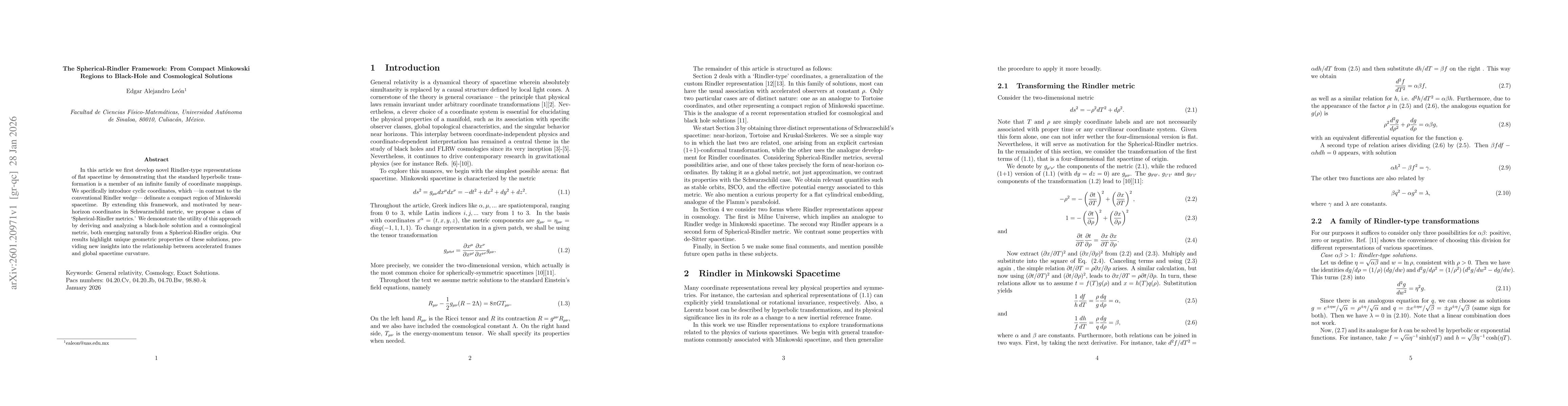 Thumbnail for The Spherical-Rindler framework: From compact Minkowski regions to black-Hole and cosmological Solutions