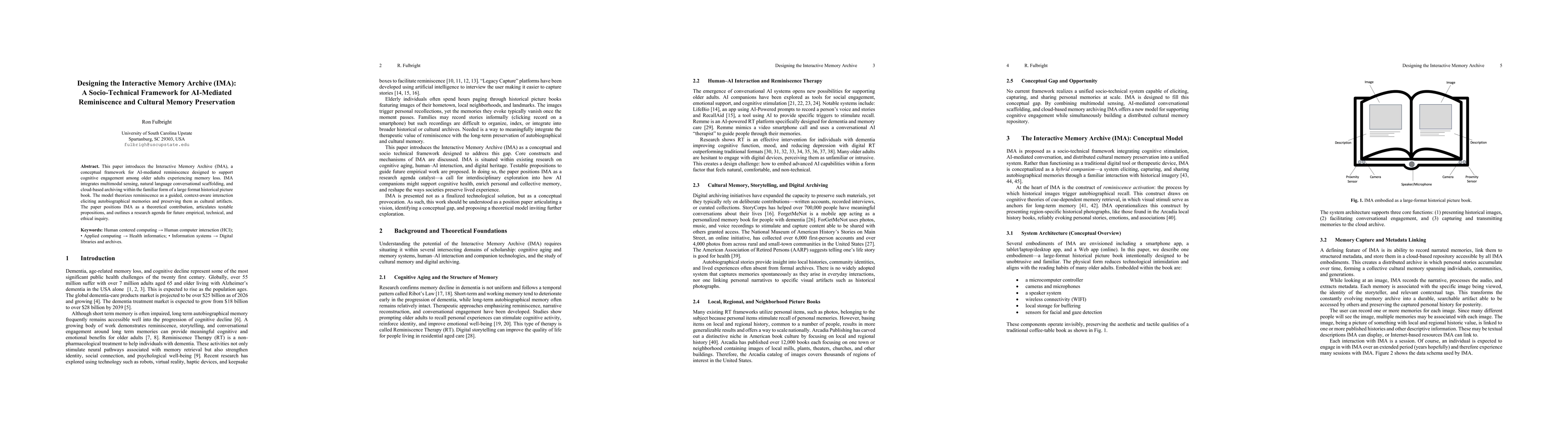Thumbnail for Designing the Interactive Memory Archive (IMA): A Socio-Technical Framework for AI-Mediated Reminiscence and Cultural Memory Preservation