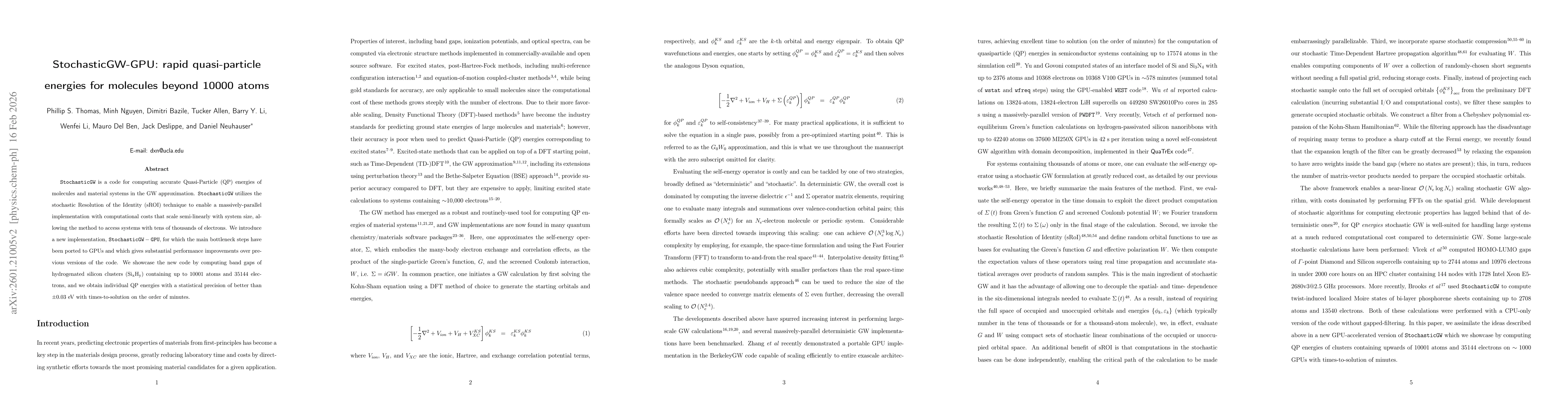 Thumbnail for StochasticGW-GPU: rapid quasi-particle energies for molecules beyond 10000 atoms