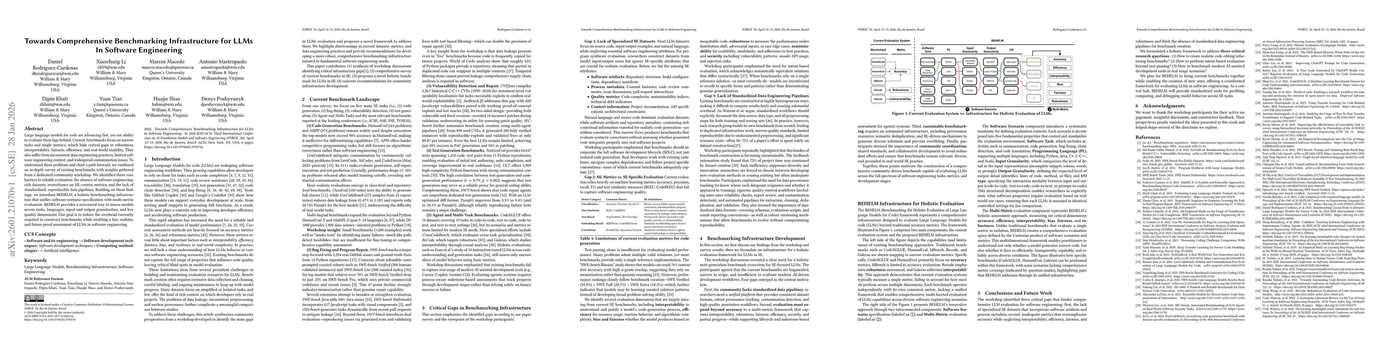 Thumbnail for Towards Comprehensive Benchmarking Infrastructure for LLMs In Software Engineering