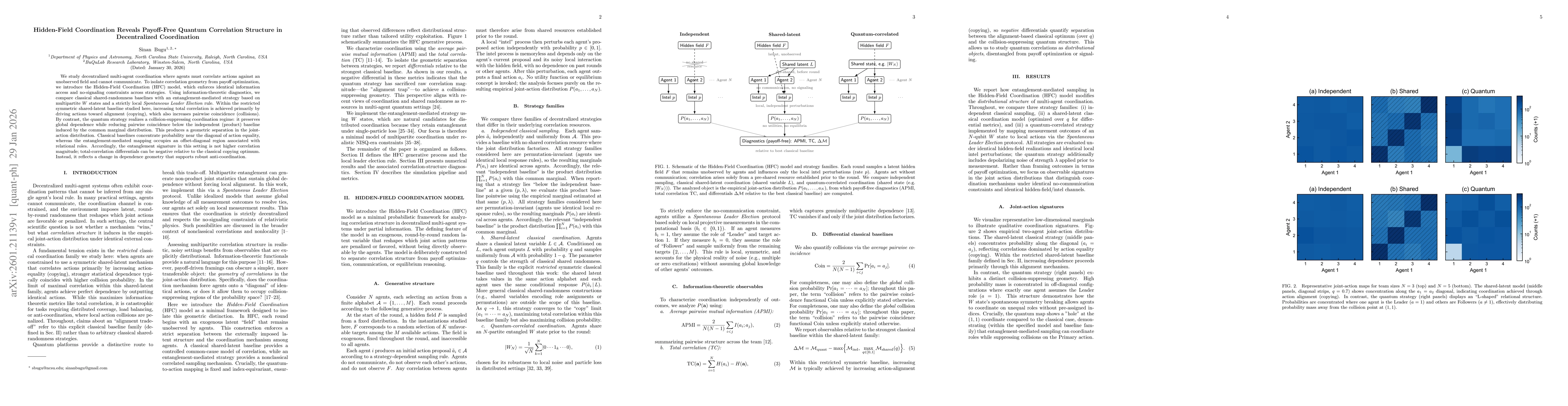 Thumbnail for Hidden-Field Coordination Reveals Payoff-Free Quantum Correlation Structure in Decentralized Coordination