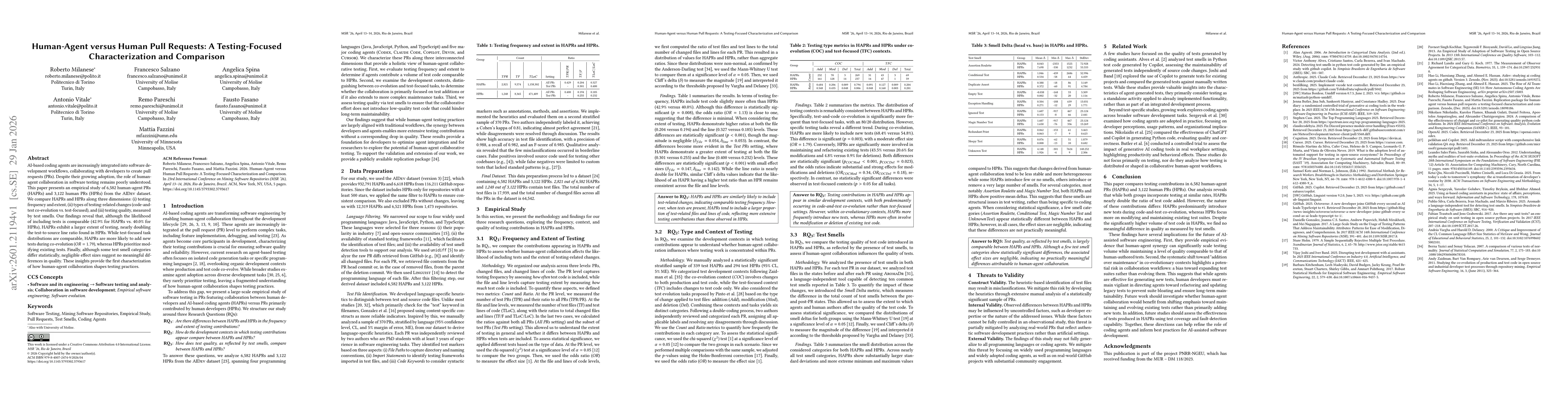 Thumbnail for Human-Agent versus Human Pull Requests: A Testing-Focused Characterization and Comparison