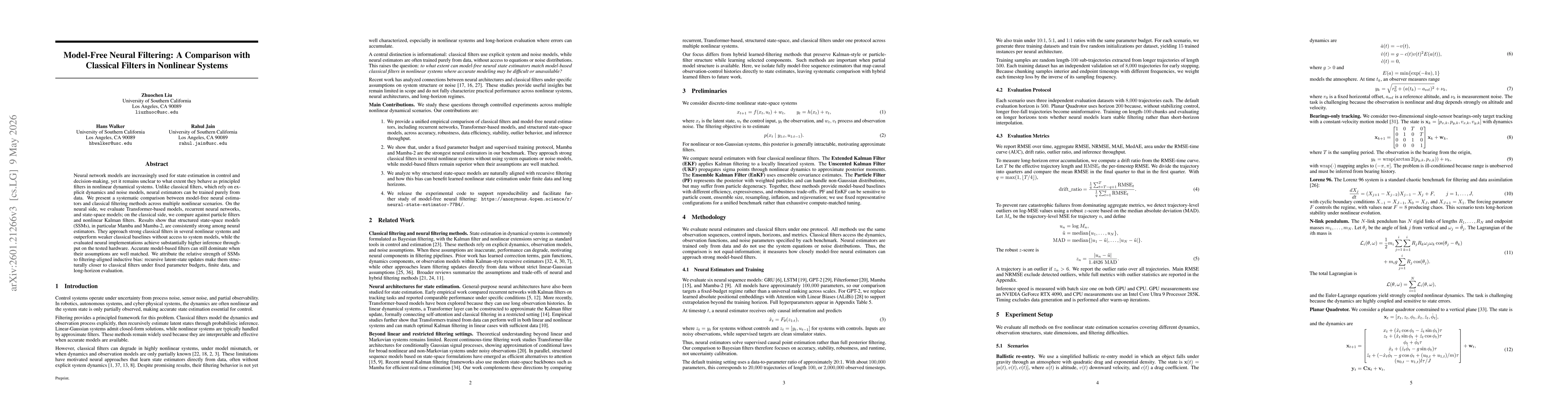 Thumbnail for Model-Free Neural State Estimation in Nonlinear Dynamical Systems: A Comparative Study of Neural Architectures and Classical Filters
