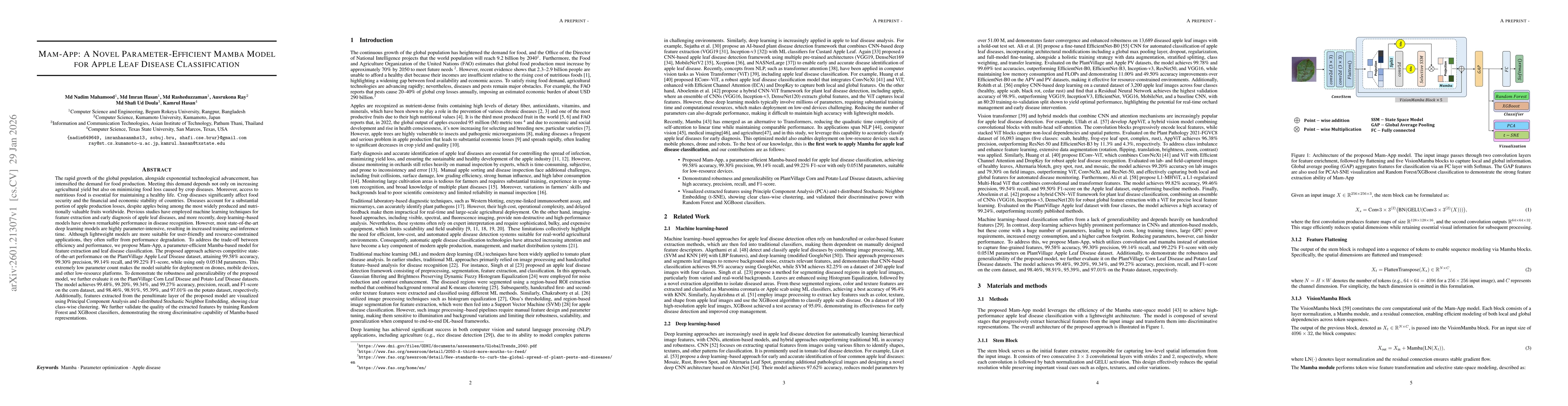 Thumbnail for Mam-App: A Novel Parameter-Efficient Mamba Model for Apple Leaf Disease Classification