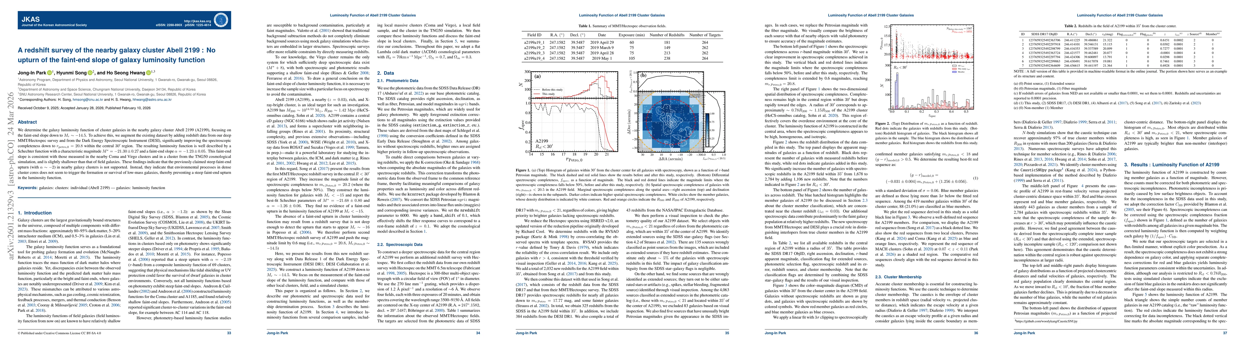 Thumbnail for A redshift survey of the nearby galaxy cluster Abell 2199 : No upturn of the faint-end slope of galaxy luminosity function