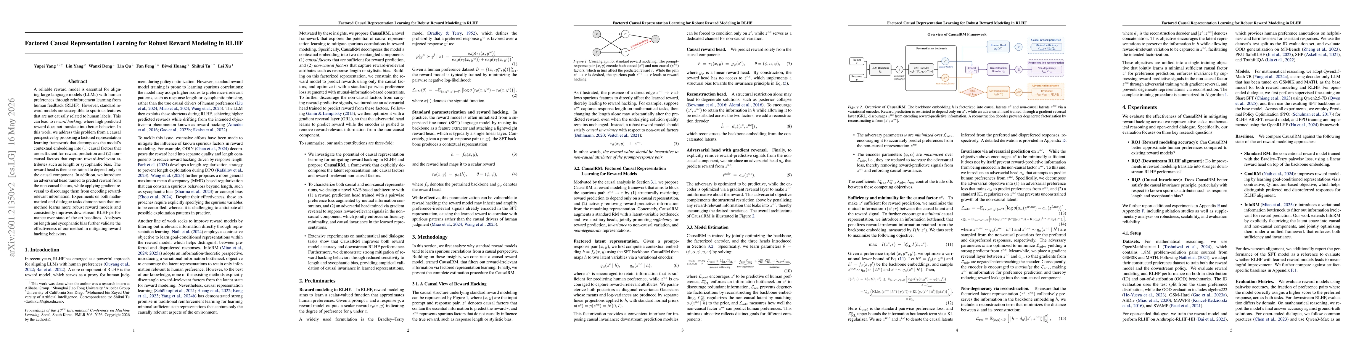 Thumbnail for Factored Causal Representation Learning for Robust Reward Modeling in RLHF