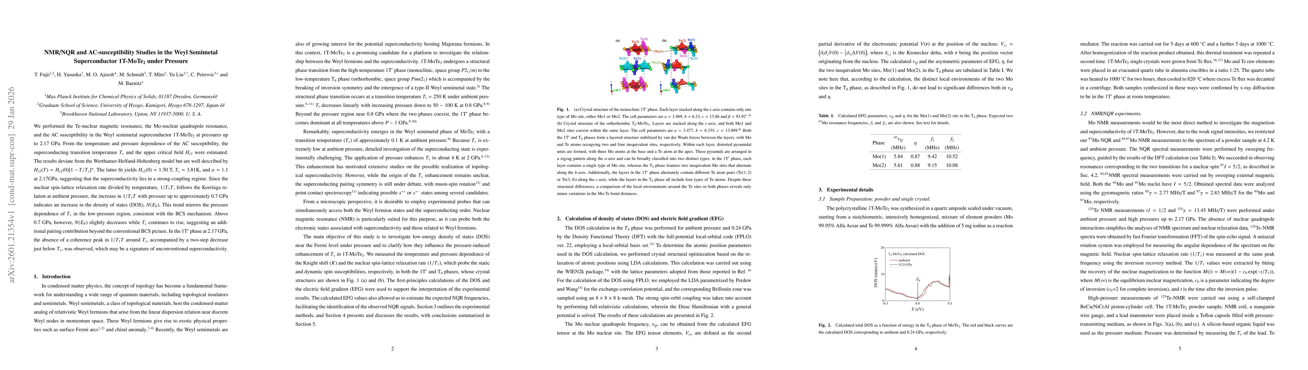 Thumbnail for NMR/NQR and AC-susceptibility Studies in the Weyl Semimetal Superconductor 1T-MoTe$_2$ under Pressure