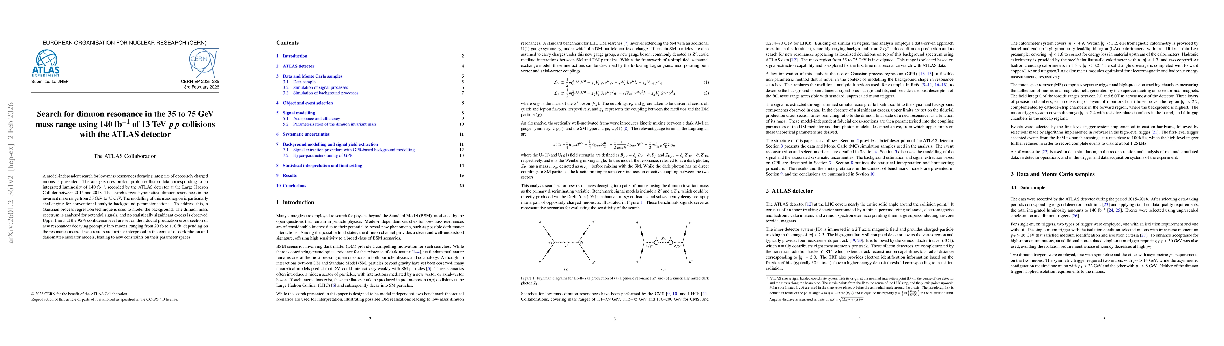 Thumbnail for Search for dimuon resonance in the 35 to 75 GeV mass range using 140 fb$^{-1}$ of 13 TeV $pp$ collisions with the ATLAS detector