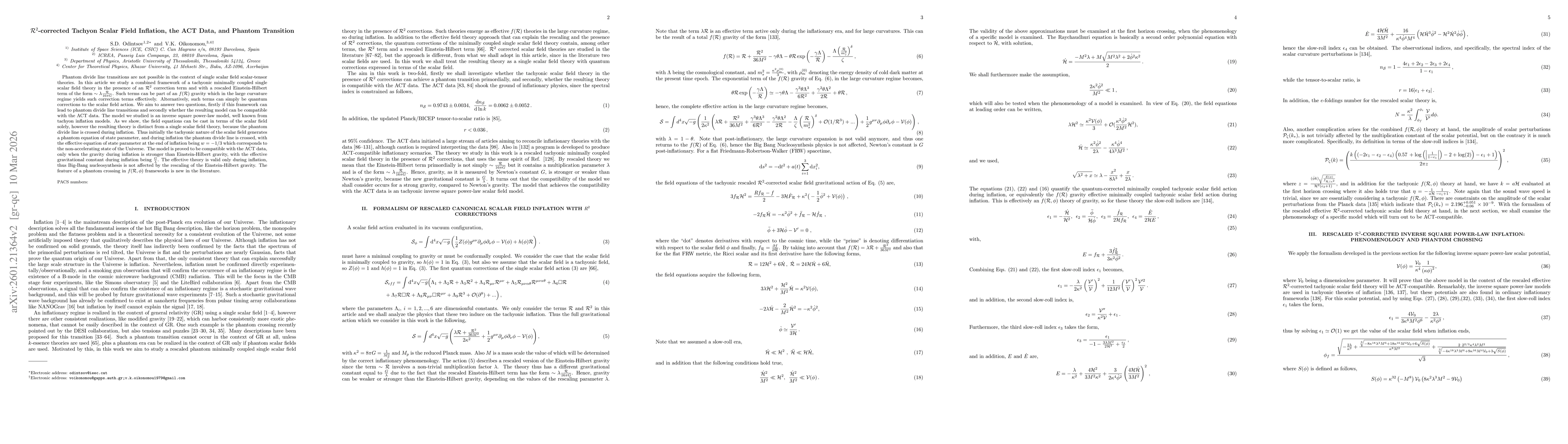 Thumbnail for $\mathcal{R}^2$-corrected Tachyon Scalar Field Inflation, the ACT Data, and Phantom Transition