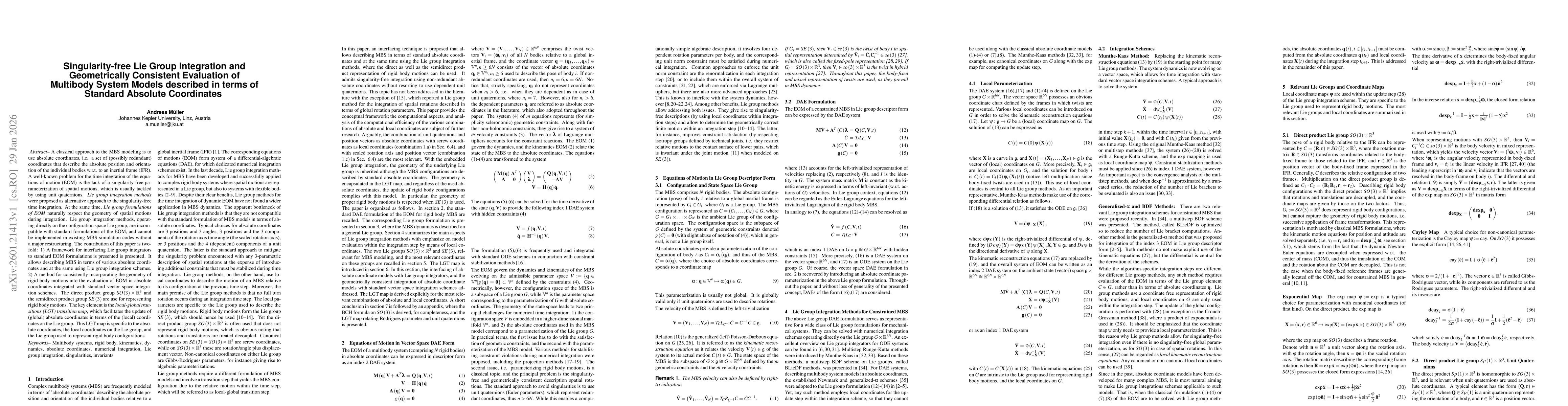 Thumbnail for Singularity-Free Lie Group Integration and Geometrically Consistent Evaluation of Multibody System Models Described in Terms of Standard Absolute Coordinates