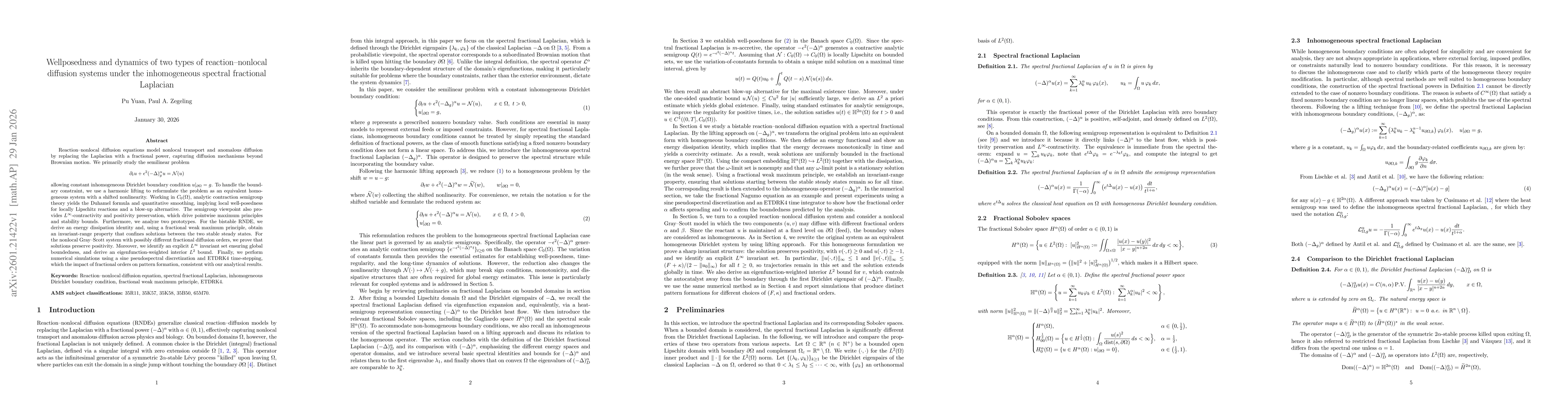 Thumbnail for Wellposedness and dynamics of two types of reaction--nonlocal diffusion systems under the inhomogeneous spectral fractional Laplacian
