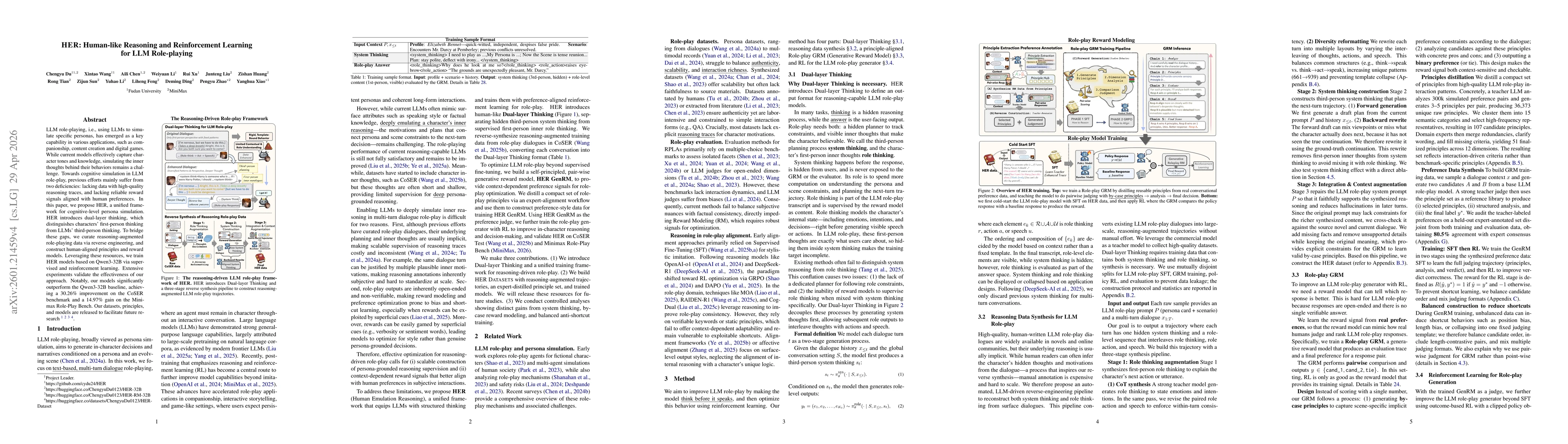 Thumbnail for HER: Human-like Reasoning and Reinforcement Learning for LLM Role-playing