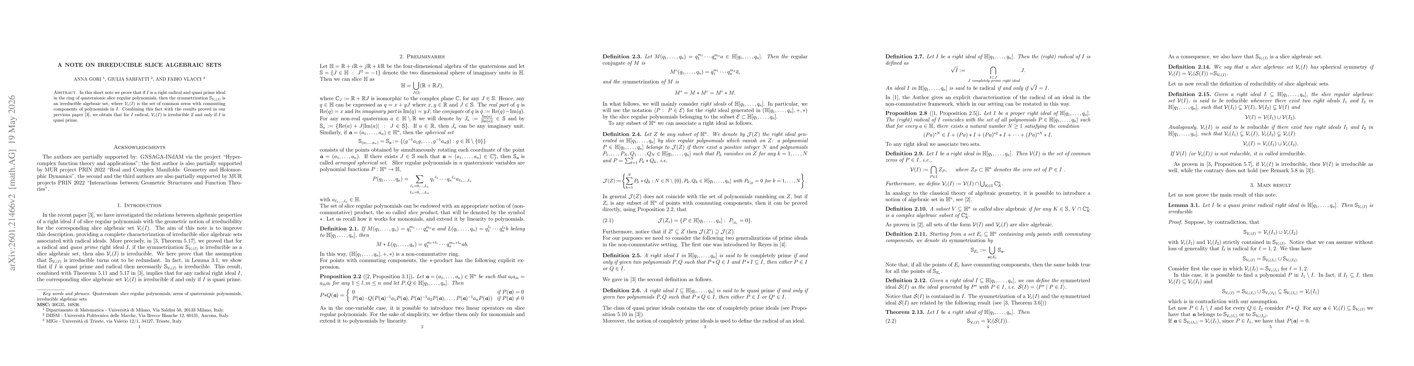 Thumbnail for A note on irreducible slice algebraic sets
