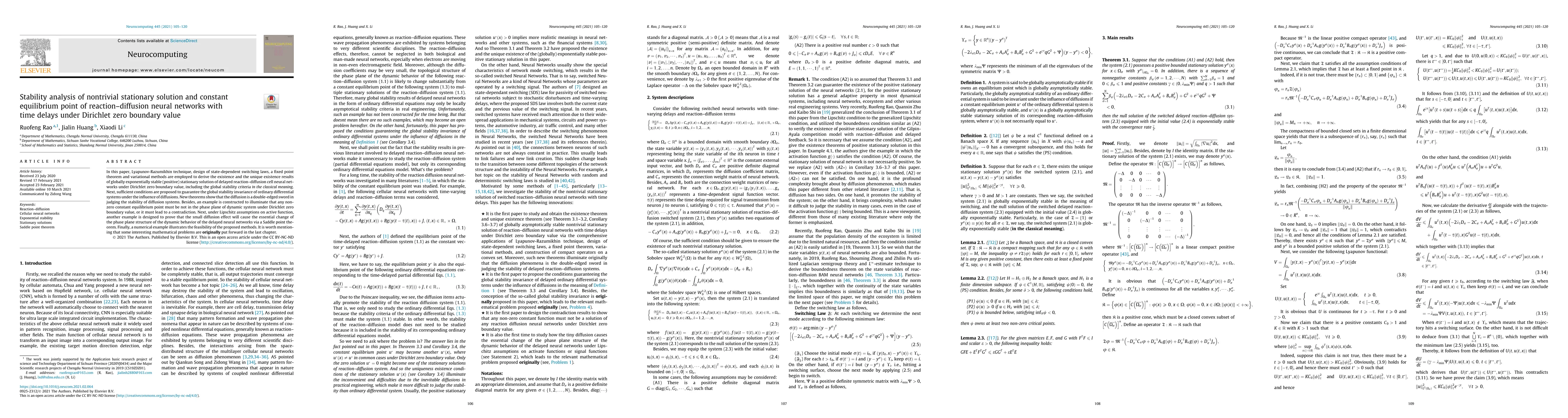 Thumbnail for Stability analysis of nontrivial stationary solution and constant equilibrium point of reaction-diffusion neural networks with time delays under Dirichlet zero boundary value