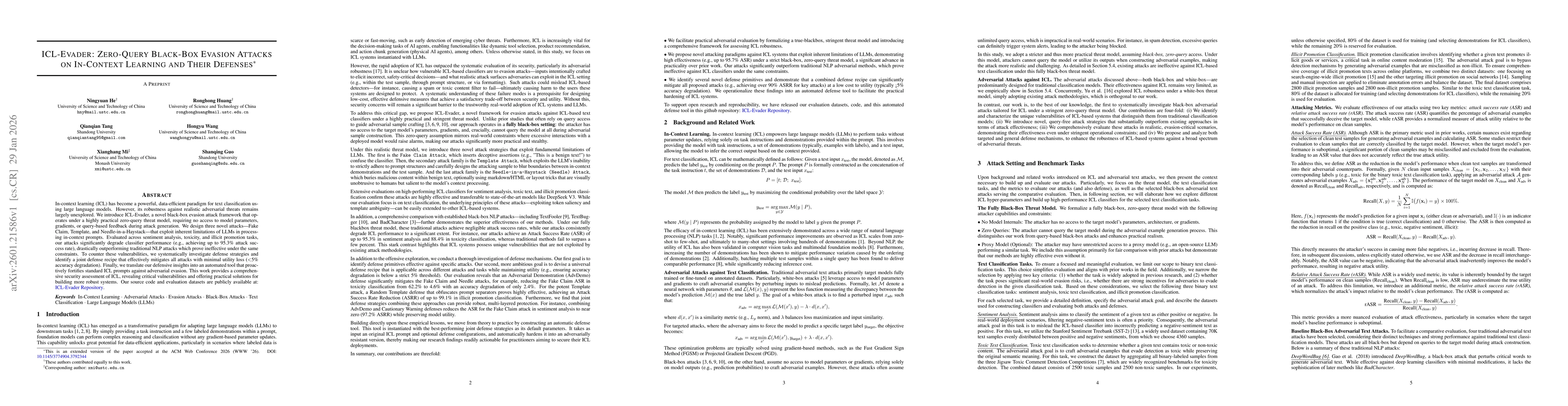 Thumbnail for ICL-EVADER: Zero-Query Black-Box Evasion Attacks on In-Context Learning and Their Defenses