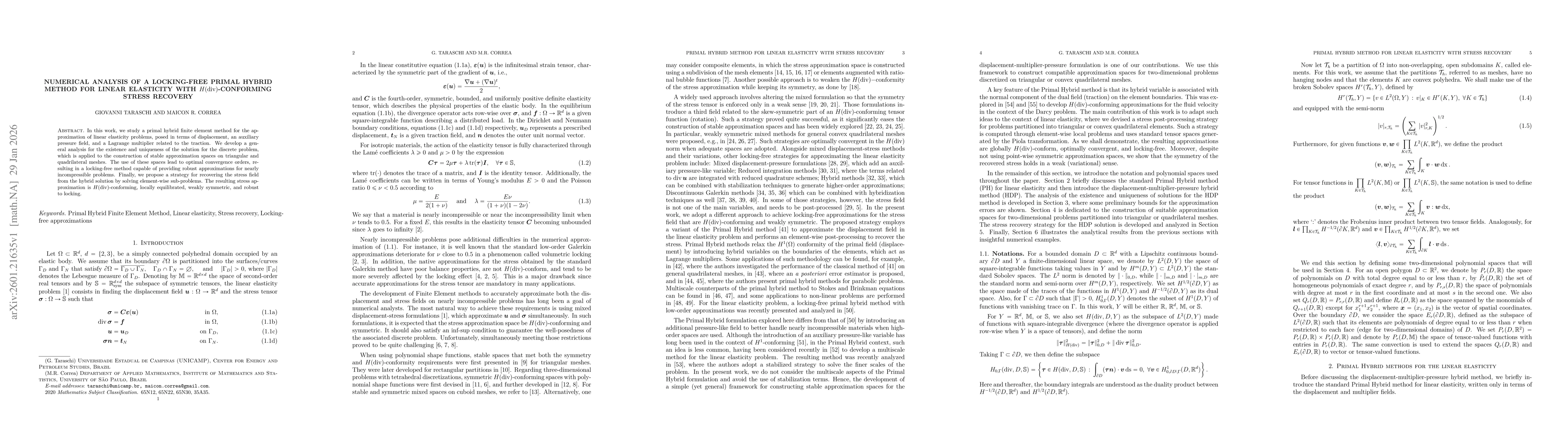Thumbnail for Numerical analysis of a locking-free primal hybrid method for linear elasticity with $H(\mathrm{div})$-conforming stress recovery