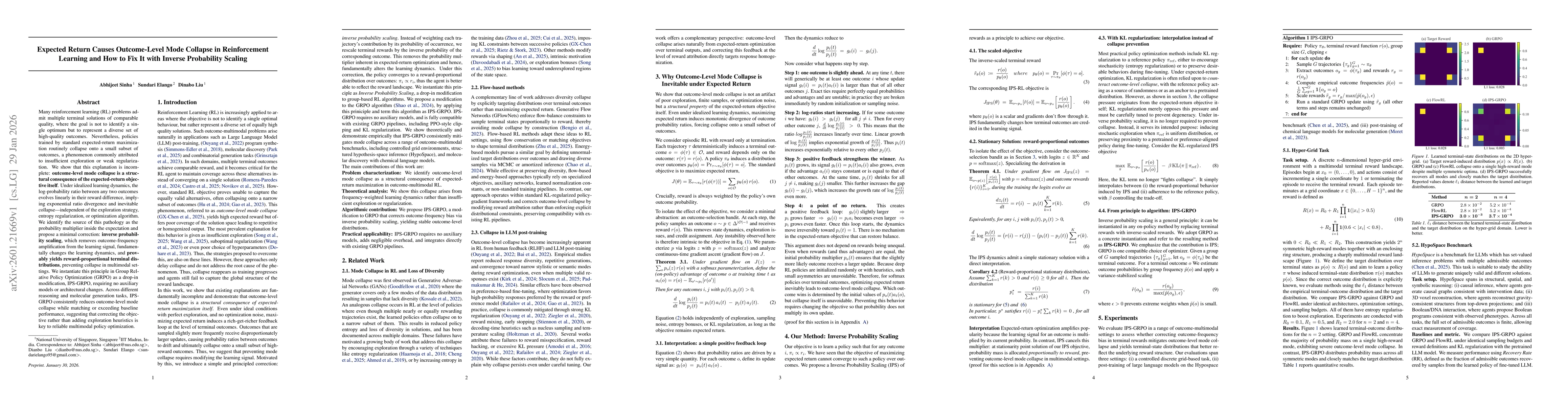Thumbnail for Expected Return Causes Outcome-Level Mode Collapse in Reinforcement Learning and How to Fix It with Inverse Probability Scaling