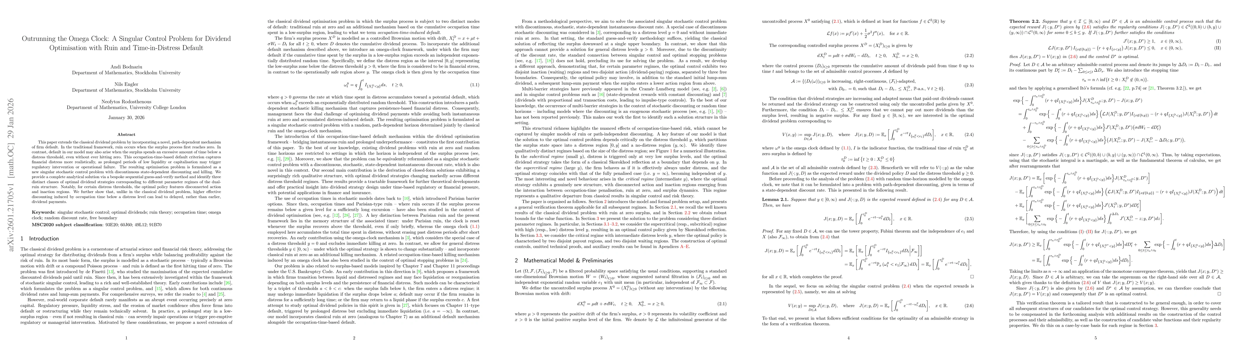 Thumbnail for Outrunning the Omega Clock: A Singular Control Problem for Dividend Optimisation with Ruin and Time-in-Distress Default