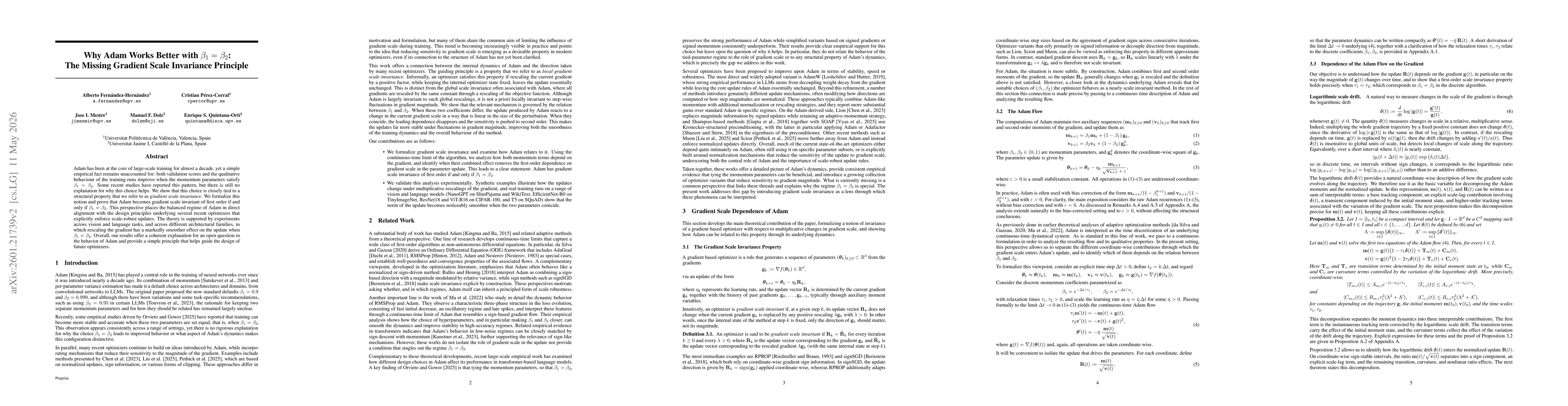 Thumbnail for Why Adam Works Better with $β_1 = β_2$: The Missing Gradient Scale Invariance Principle