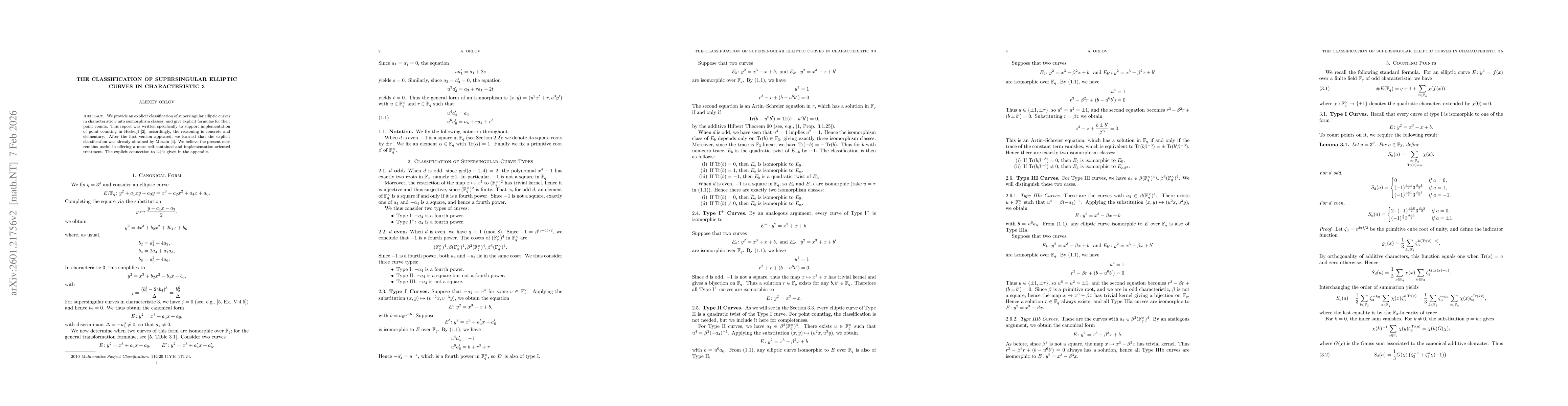 Thumbnail for The Classification of Supersingular Elliptic Curves in Characteristic 3