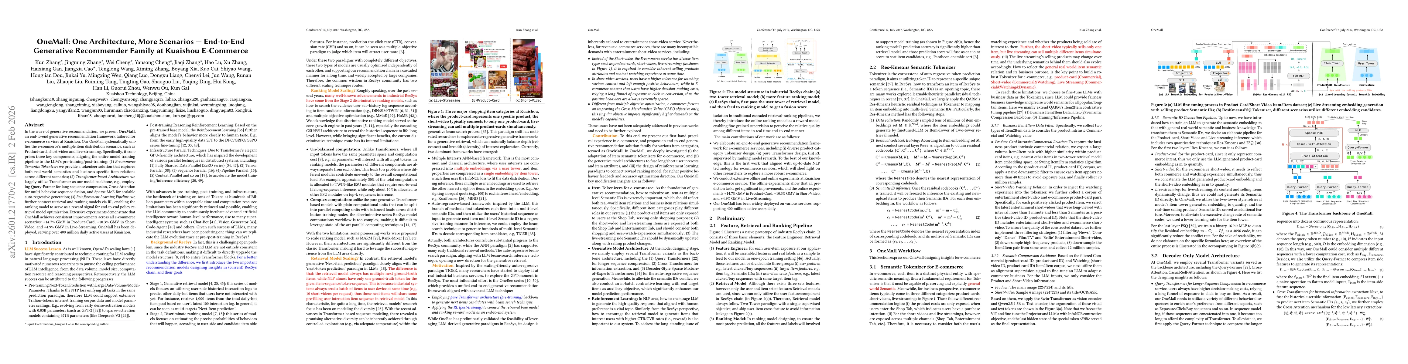 Thumbnail for OneMall: One Model, More Scenarios -- End-to-End Generative Recommender Family at Kuaishou E-Commerce