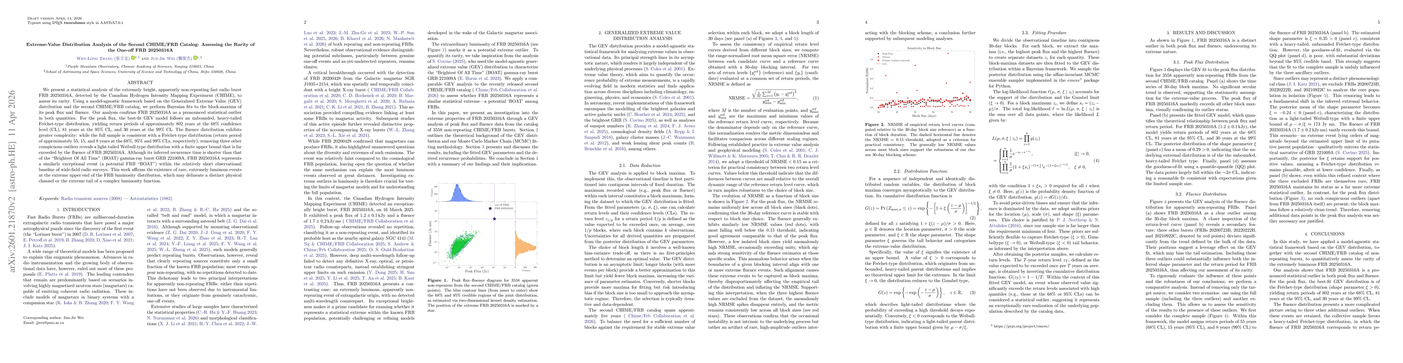 Thumbnail for Extreme-Value Distribution Analysis of the Second CHIME/FRB Catalog: Assessing the Rarity of the One-off FRB 20250316A