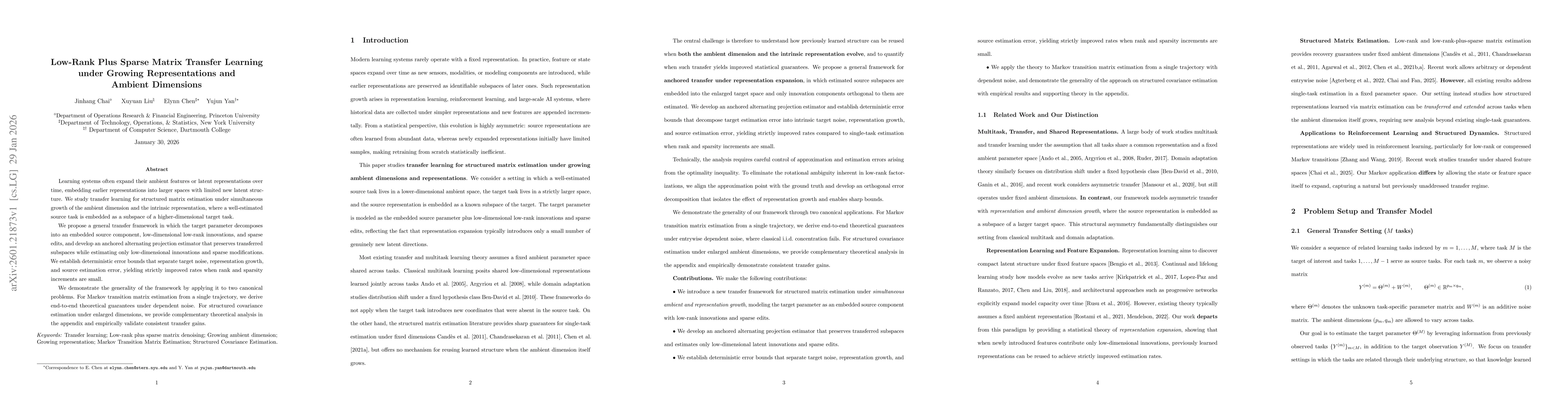 Thumbnail for Low-Rank Plus Sparse Matrix Transfer Learning under Growing Representations and Ambient Dimensions