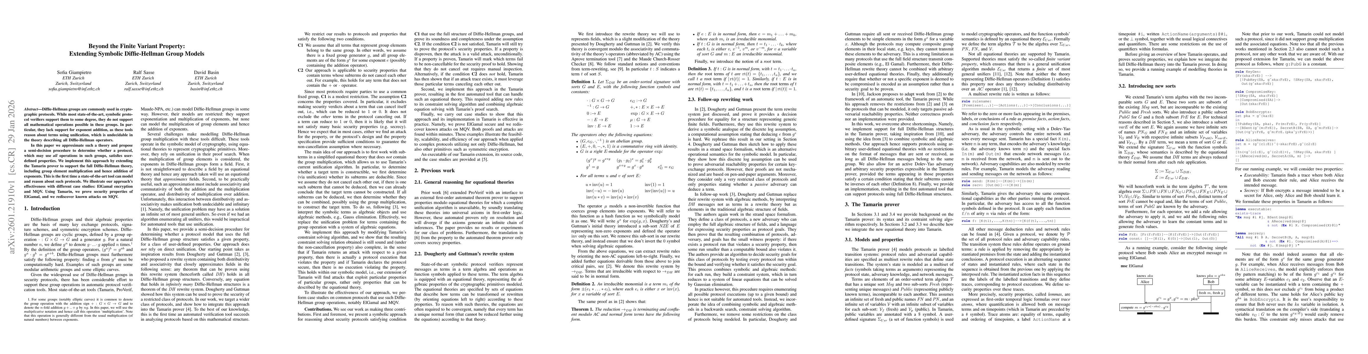 Thumbnail for Beyond the Finite Variant Property: Extending Symbolic Diffie-Hellman Group Models (Extended Version)