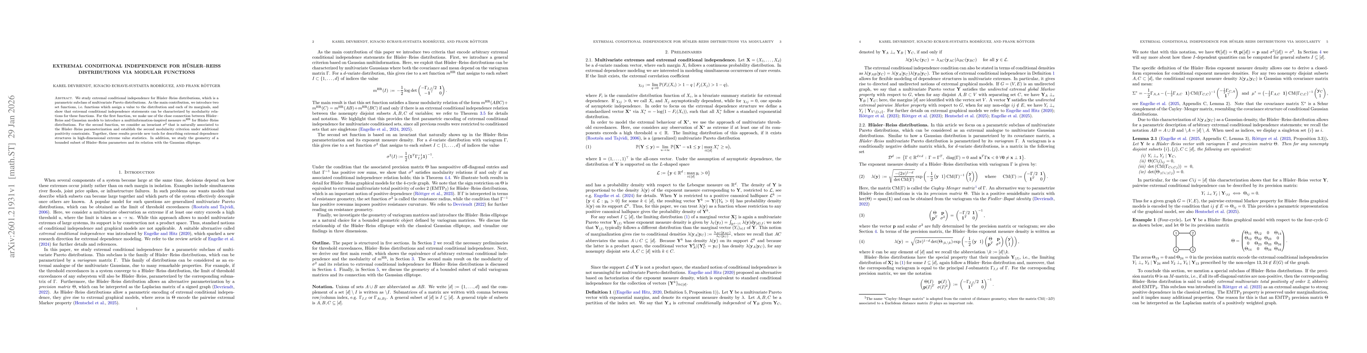 Thumbnail for Extremal conditional independence for Hüsler-Reiss distributions via modular functions