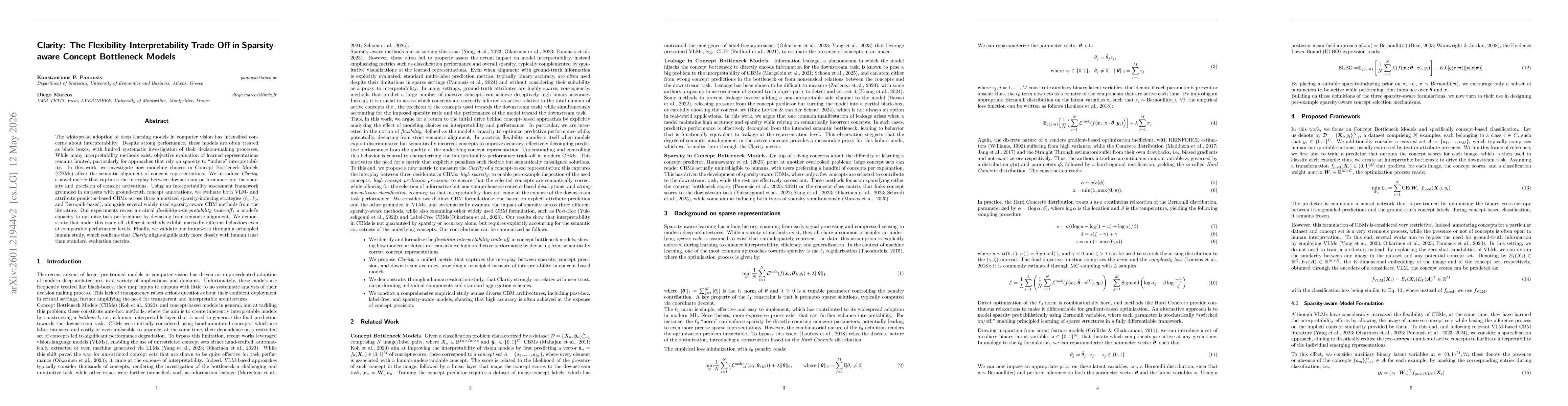 Thumbnail for Clarity: The Flexibility-Interpretability Trade-Off in Sparsity-aware Concept Bottleneck Models