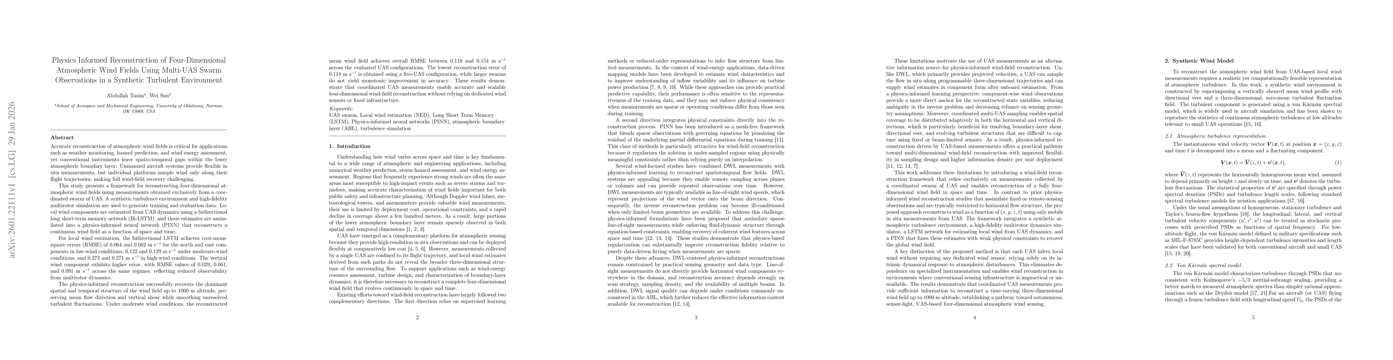 Thumbnail for Physics Informed Reconstruction of Four-Dimensional Atmospheric Wind Fields Using Multi-UAS Swarm Observations in a Synthetic Turbulent Environment