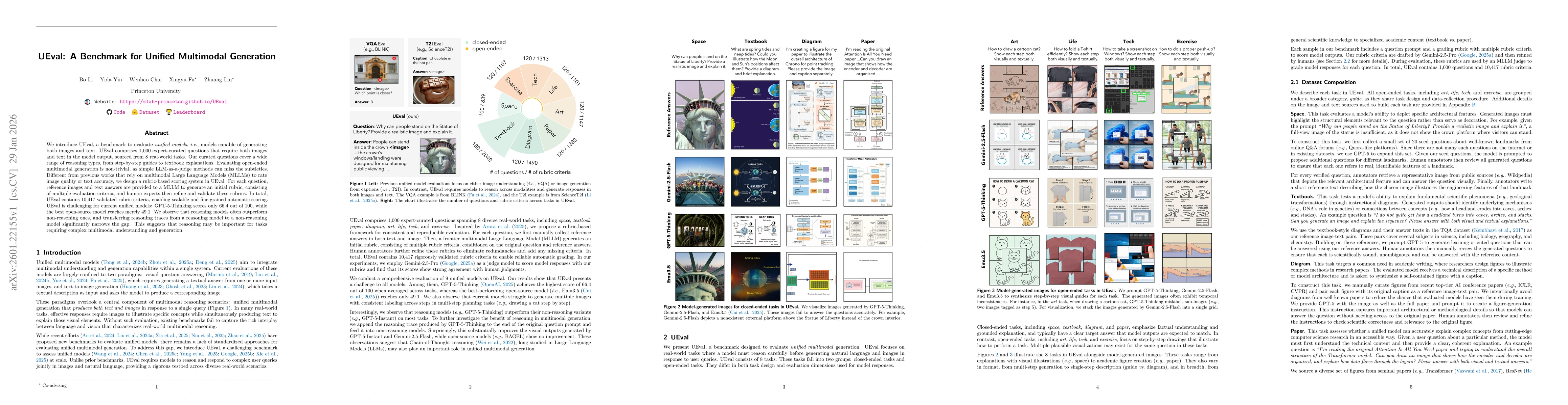 Thumbnail for UEval: A Benchmark for Unified Multimodal Generation