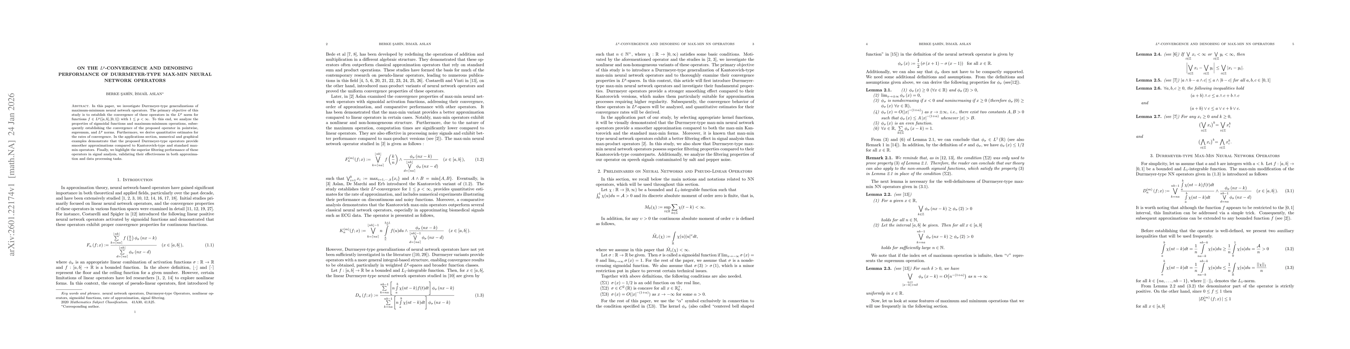 Thumbnail for On the $L^p$-Convergence and Denoising Performance of Durrmeyer-Type Max-Min Neural Network Operators