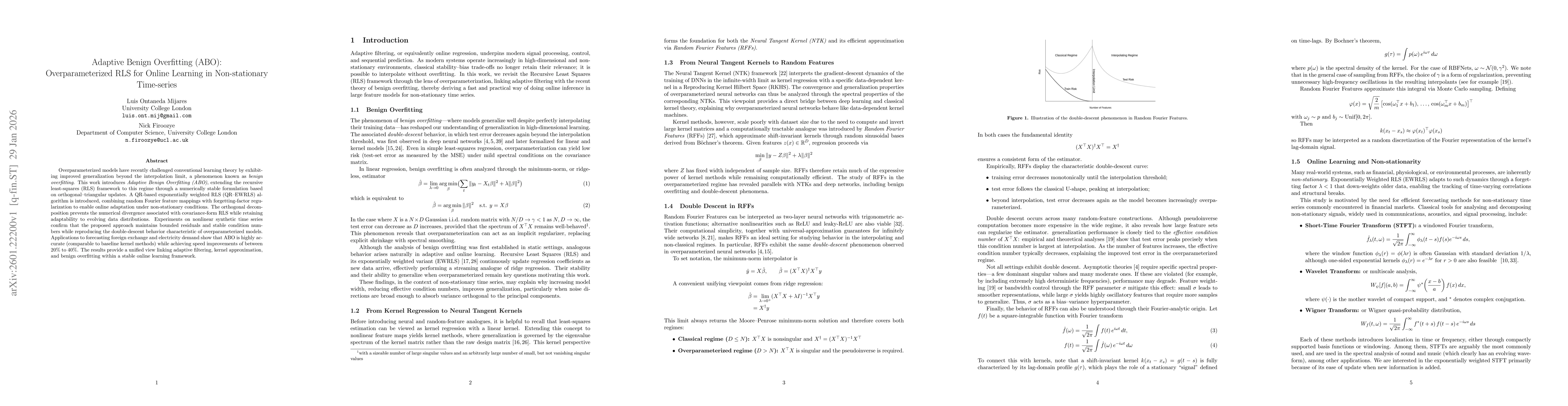 Thumbnail for Adaptive Benign Overfitting (ABO): Overparameterized RLS for Online Learning in Non-stationary Time-series