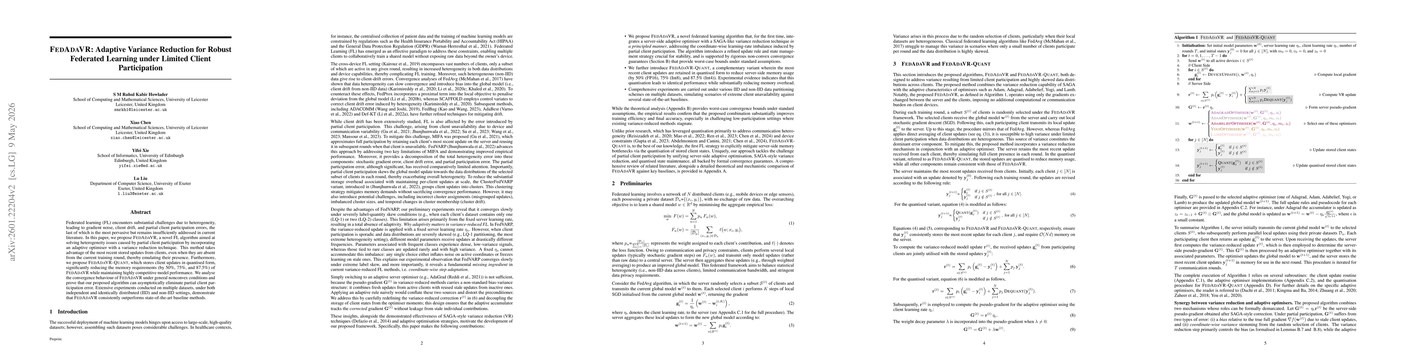 Thumbnail for FedAdaVR: Adaptive Variance Reduction for Robust Federated Learning under Limited Client Participation