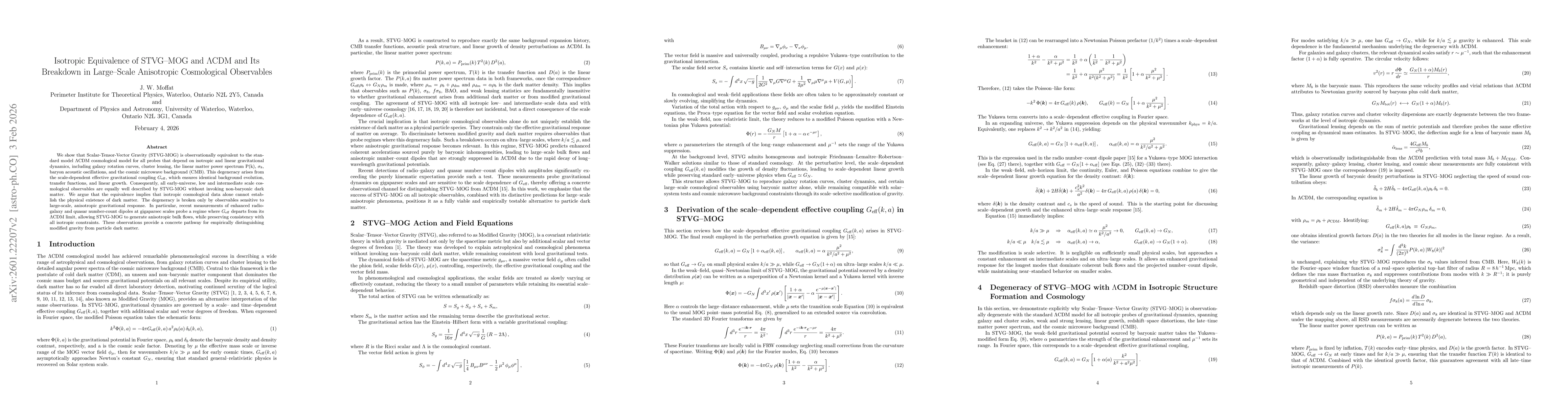 Thumbnail for Isotropic Equivalence of STVG--MOG and $Λ$CDM and Its Breakdown in Large--Scale Anisotropic Cosmological Observables