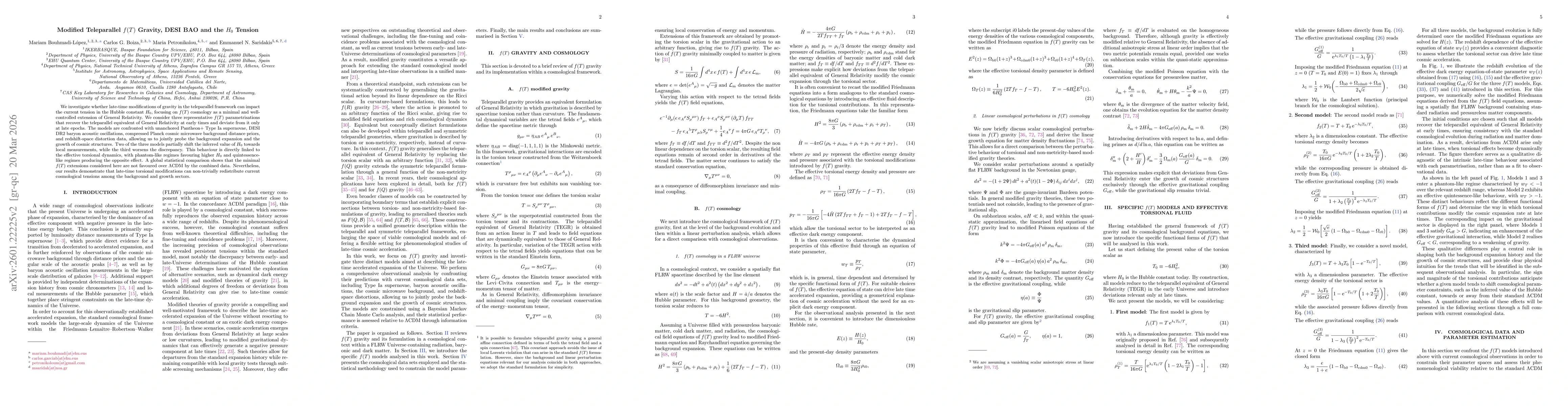 Thumbnail for Modified Teleparallel $f(T)$ Gravity, DESI BAO and the $H_0$ Tension