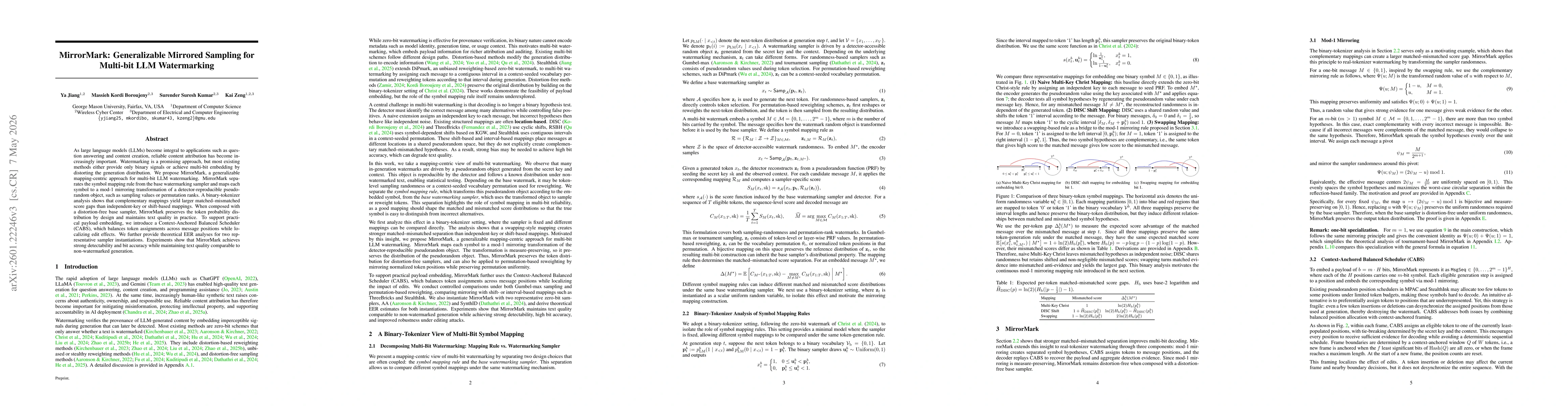 Thumbnail for MirrorMark: A Distortion-Free Multi-Bit Watermark for Large Language Models