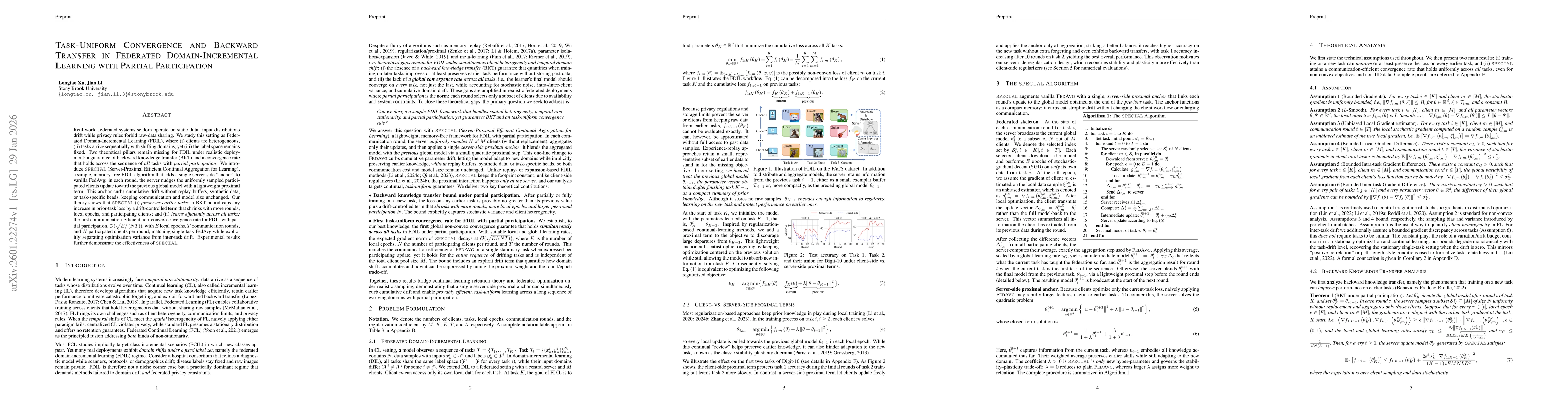 Thumbnail for Task-Uniform Convergence and Backward Transfer in Federated Domain-Incremental Learning with Partial Participation