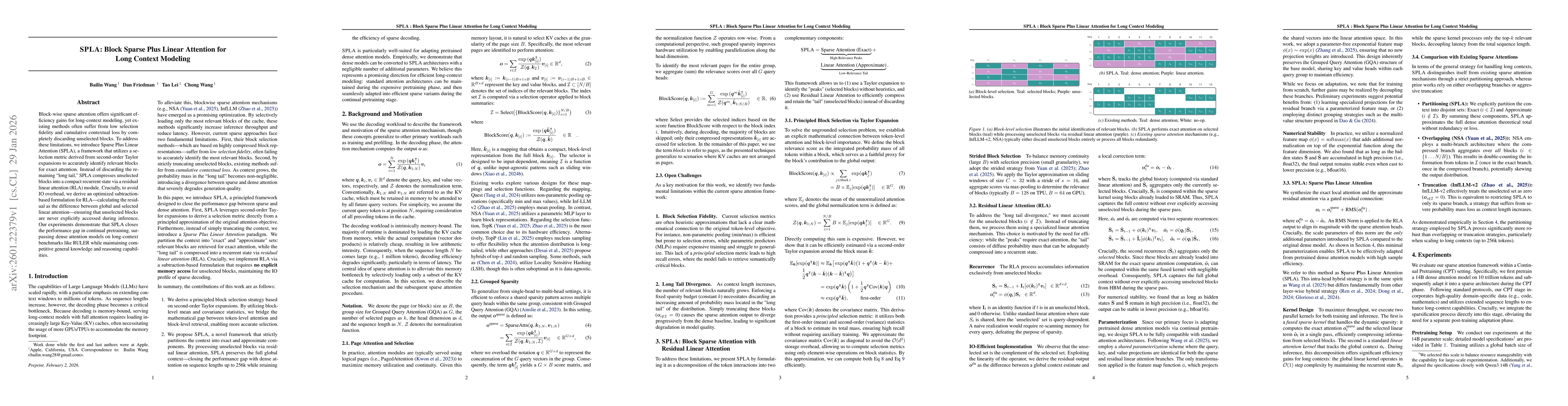 Thumbnail for SPLA: Block Sparse Plus Linear Attention for Long Context Modeling