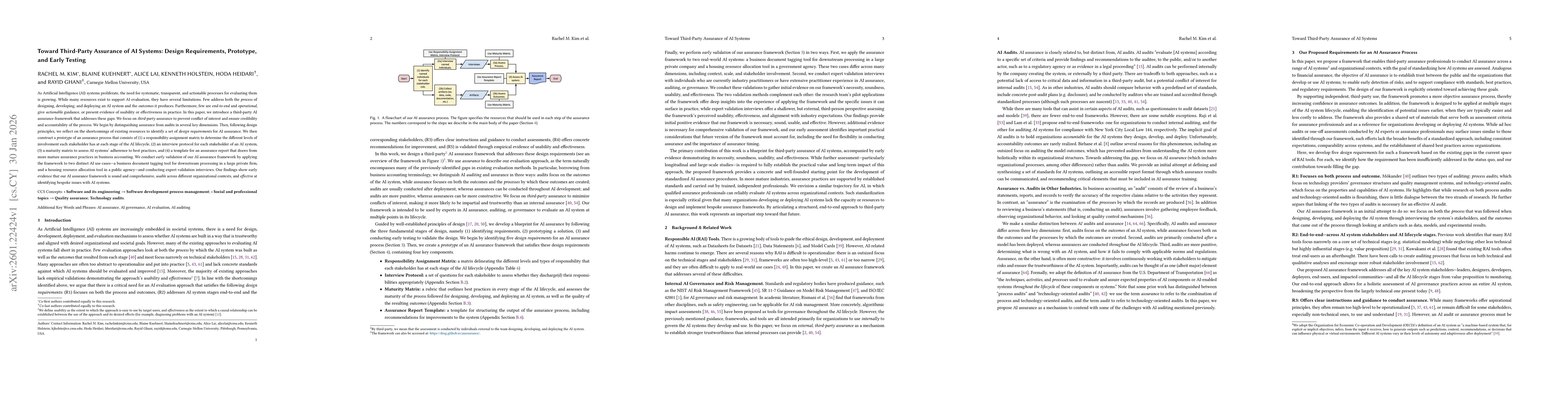 Thumbnail for Toward Third-Party Assurance of AI Systems: Design Requirements, Prototype, and Early Testing