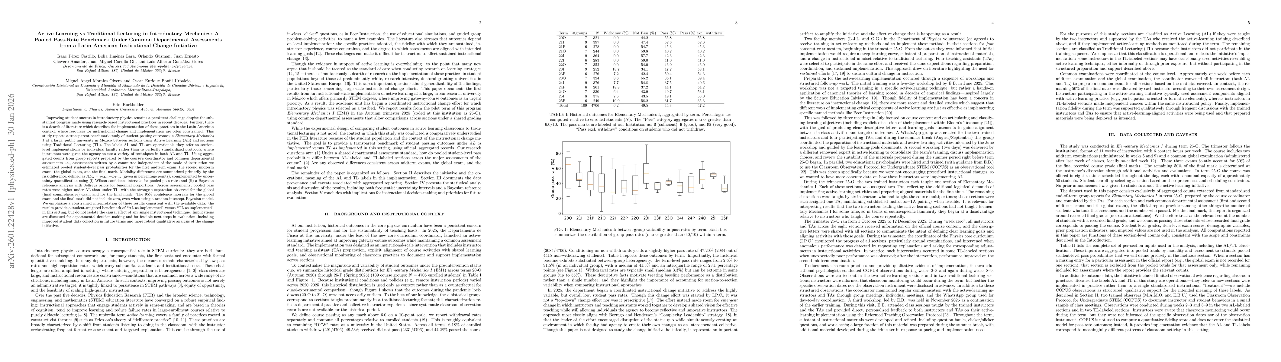 Thumbnail for Active Learning vs Traditional Lecturing in Introductory Mechanics: A Pooled Pass-Rate Benchmark Under Common Departmental Assessments from a Latin American Institutional Change Initiative