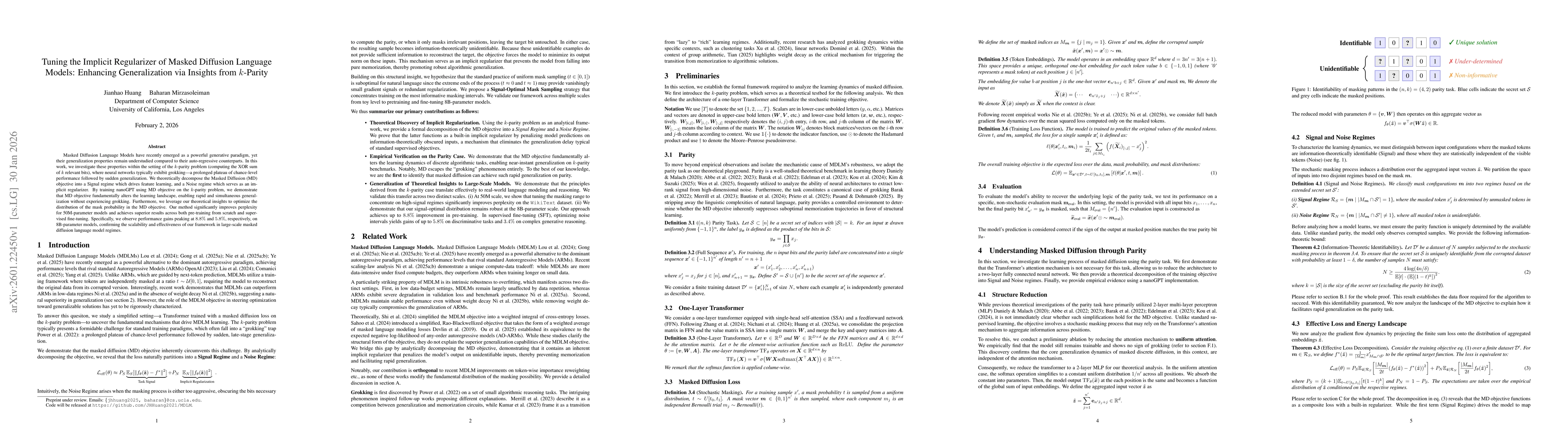 Thumbnail for Tuning the Implicit Regularizer of Masked Diffusion Language Models: Enhancing Generalization via Insights from $k$-Parity